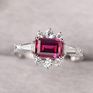 Unique Cross Ring Emerald Cut Ruby Proposal Ring Sterling Silver Half Halo July Birthstone