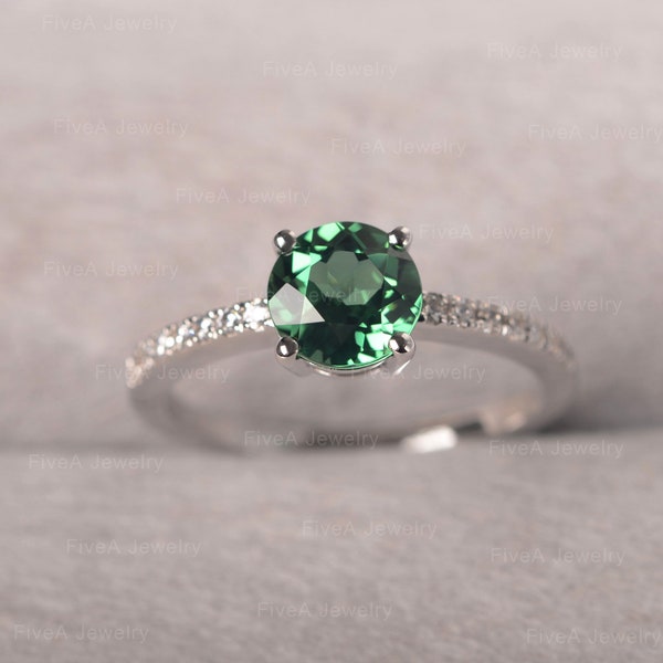 Round Green Sapphire Ring Teal Gemstone Half Eternity Ring Solitaire Engagement Ring