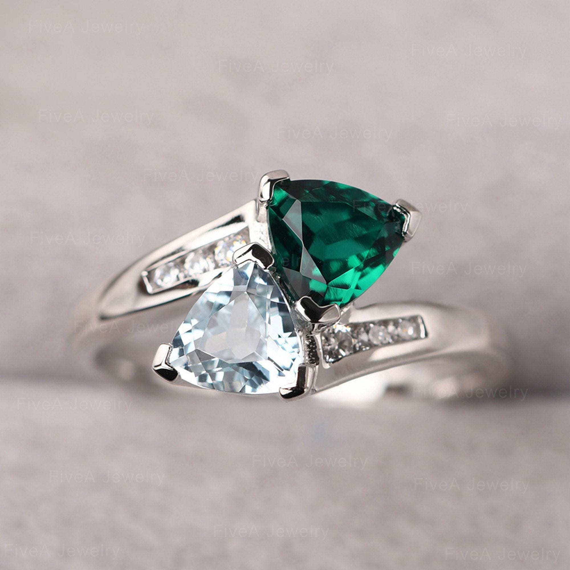 Aquamarine and Emerald Ring Sterling Silver Trillion Cut