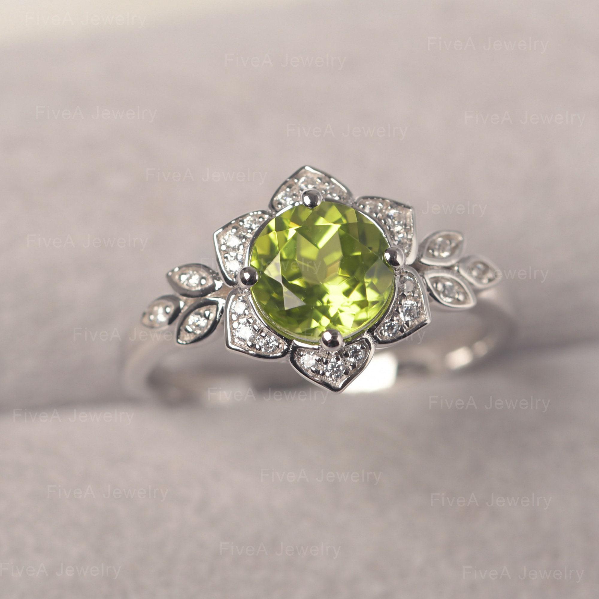 1.41 Carat Natural Peridot Sterling Silver Ring - Vintage Flower & Leaf Design, Size 6