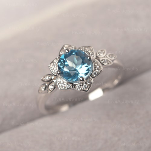 Swiss Blue Topaz Ring Flower Engagement Ring sale Round Cut Stone Leaf Ring November Birthstone