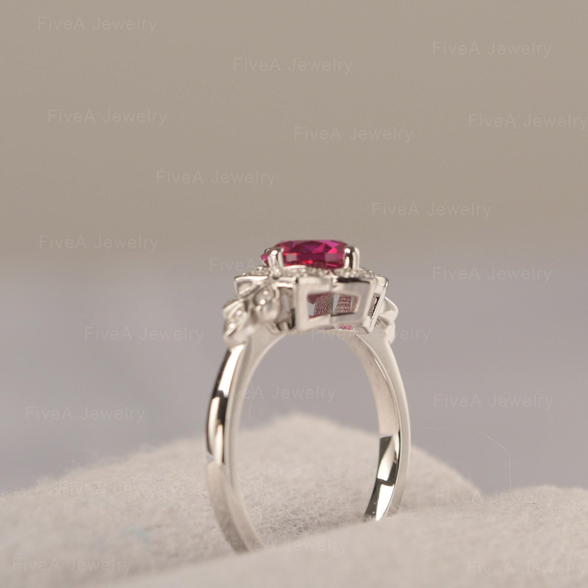Red Ruby Flower Engagement Ring Round Cut July Birthstone Ring Leaf ...