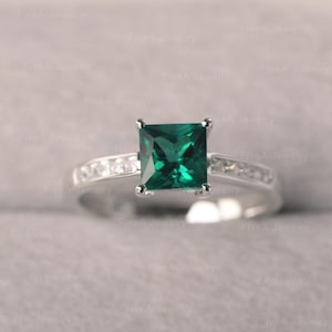 Emerald Ring Princess Cut Green Stone Ring White Gold Engagement Ring May Birthstone