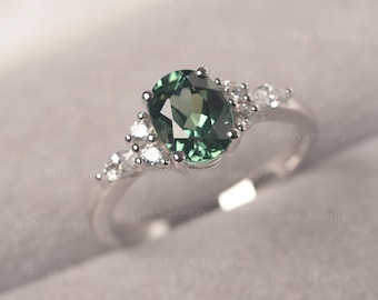 Green Sapphire Ring Oval Cut Prong Setting Ring Silver Engagement Ring