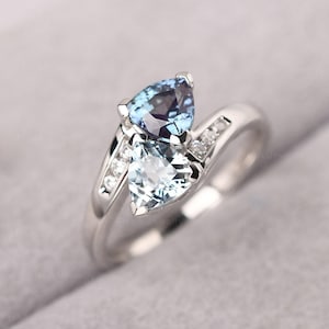 Trillion Cut Alexandrite and Aquamarine Ring Color Changing Engagement ring June and March Birthstone