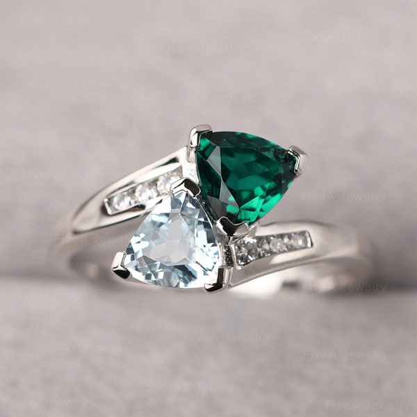 Aquamarine and Emerald Ring Sterling Silver Trillion Cut Bypass 2 Stones Wedding Ring March and May Birthstone