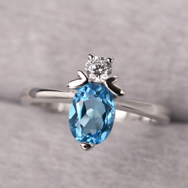 Unique Honey Bee Ring Oval Cut 6x8 mm Swiss Blue Topaz Engagement Ring November Birthstone