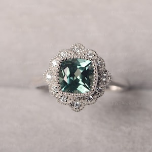 Cushion Green Sapphire Ring Teal Gemstone Flower Shaped Ring for Women