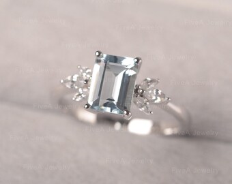 Natuurlijke aquamarijnring maart geboortesteen Emerald Cut Sliver Band Ring Angel Wings Ring