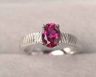 Anillo de compromiso con rubí rojo, piedra natal de julio, corte ovalado, anillo solitario de plata de ley para mujer