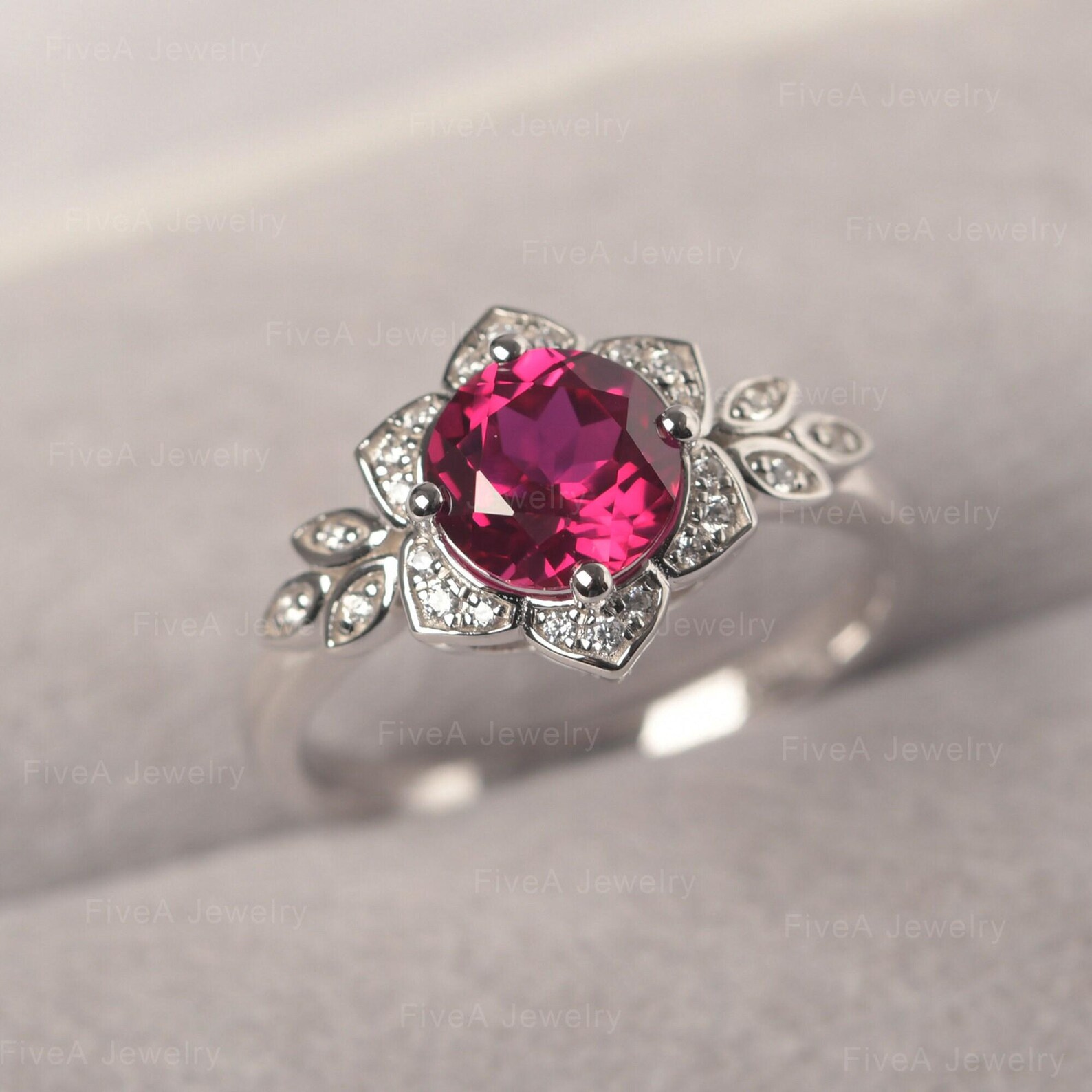 Red Ruby Flower Engagement Ring Round Cut July Birthstone Ring Leaf ...