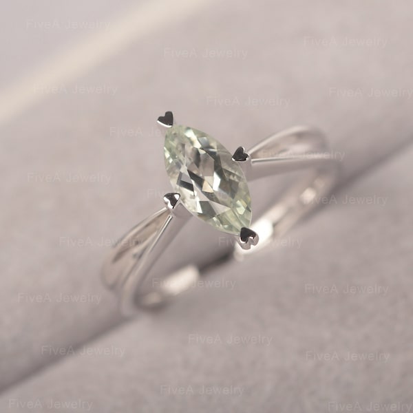Green Amethyst Ring Natural Prasiolite Ring Marquise Cut Solitaire Ring 925 Sterling Silver Ring