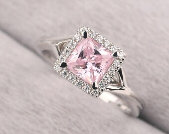 Princess Cut 1.83 CT Pink CZ Ring Sterling Silver Halo Cubic Zirconia Wedding Ring