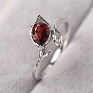 Delicate Garnet Promise Ring Tear Drop Shaped Twig Engagement Ring January Birthstone
