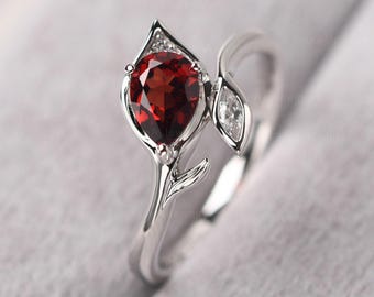 Delicate Garnet Promise Ring Tear Drop Shaped Twig Engagement Ring January Birthstone