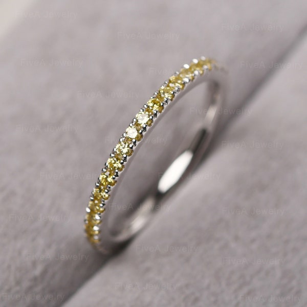 Yellow Cubic Zirconia Eternity Wedding Band Sterling Silver Delicate Thin CZ Stackable Ring