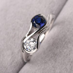 Personlized Sapphire and CZ Ring Sterling Silver  2 Stones Engagement Ring Anniversary Gifts for Women