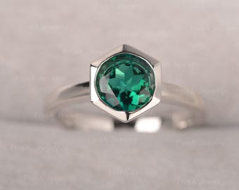 Emerald engagement ring for women sterling silver bezel setting round cut May birthstone
