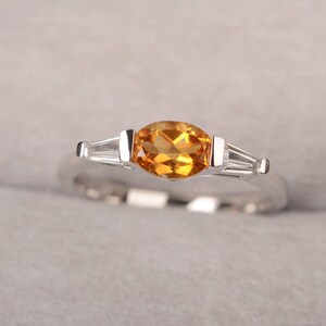 Oval Citrine Ring Three Stone Ring with Zircons Sterling Sliver Engagement Ring for Her
