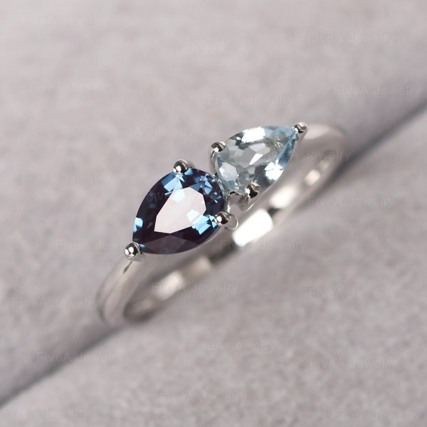 Delicate Alexandrite and Aquamarine Ring Sterling Silver 2 Stones Mothers Ring Pear Shaped June/ March Birthstone Ring