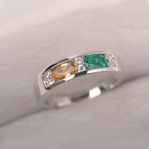 Green Emerald & Yellow Citrine Wedding Band Ring Silver Oval Shaped Bezel Set Birthstone Ring