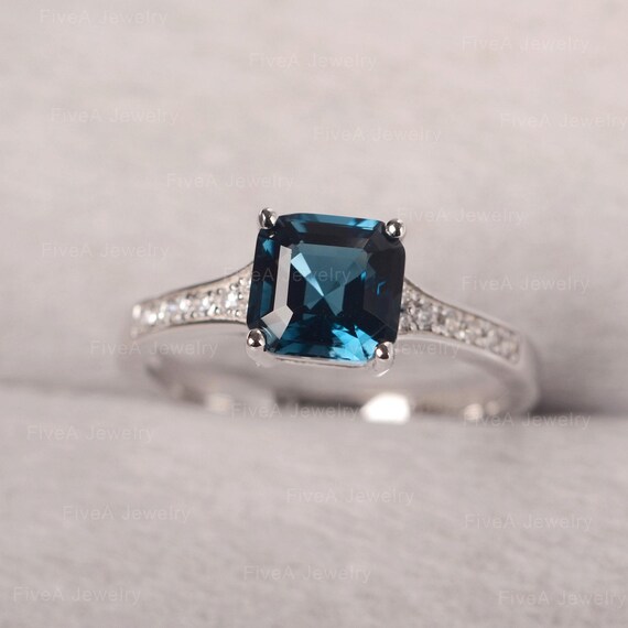 London Blue Topaz Ring 925 Sterling Sliver Solitaire Ring Asscher Cut Half Eternity Band Ring