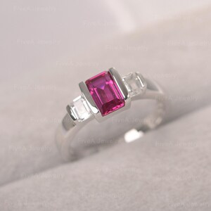 Red Ruby Ring Emerald Cut July Birthstone Sterling Silver Half Bezel Set Engagement Ring For Women