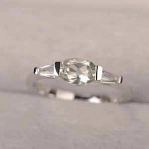 Green Amethyst Ring Natural Pasiolite 3 Stone Ring Vintage Solid Sliver Ring