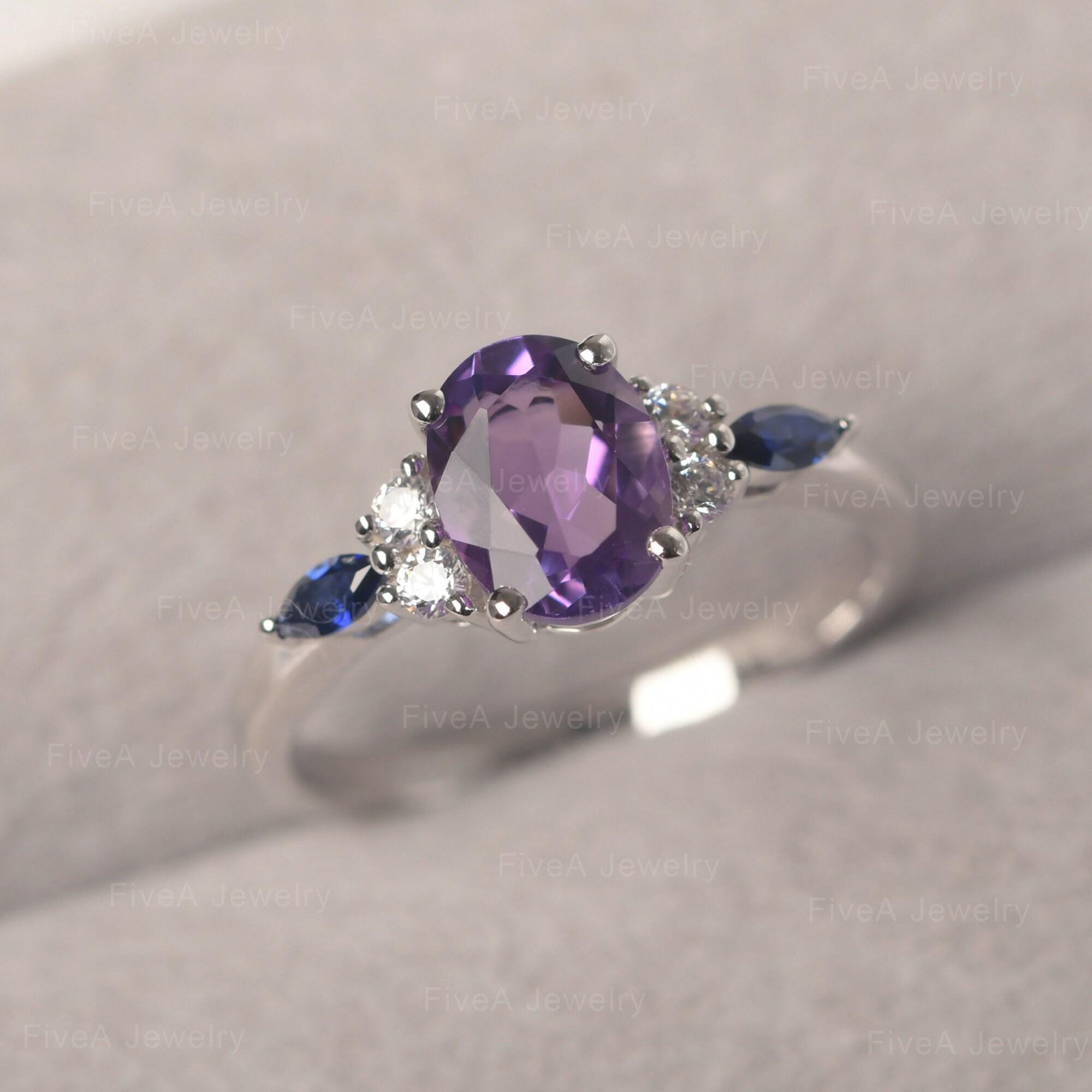 Purple Amethyst Ring Oval Cut February Birthstone Sterling Silver Engagement Ring