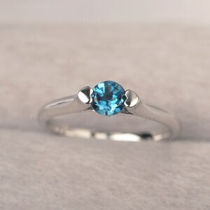 London Blue Topaz Ring Round Cut Half Bezel Ring Sterling Silver Solitaire Engagement Ring for Women