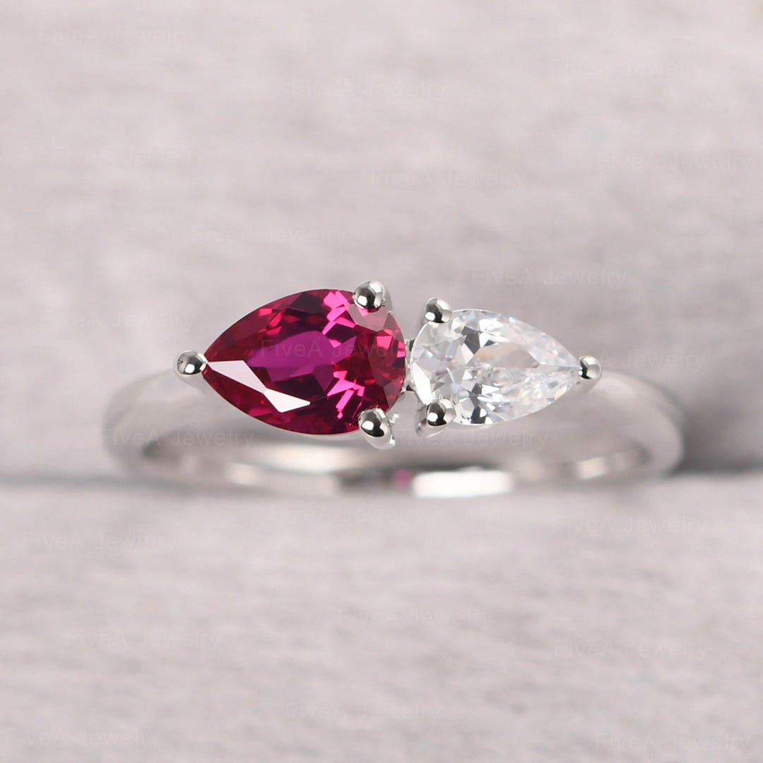 natural ruby silver ring, dainty ruby ring, stackable... Dainty Ruby Ring Sterling Silver 2 Stones Promise Ring Pear Cut Unique ...