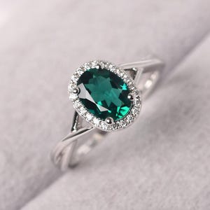 Iifinity Emerald Ring Sterling Silver Oval Shaped 1.13 CT Halo Engagement Ring May Birthstone Ring