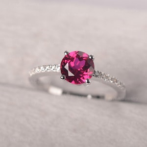 Pink Ruby Ring Round Shaped July Birthstone Ring Classic Solitaire Ring for Women