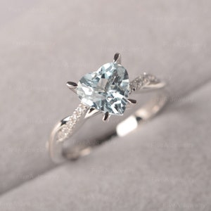 Natural Aquamarine Ring Heart Shaped March birthstone Ring Personalized Engagement for Women