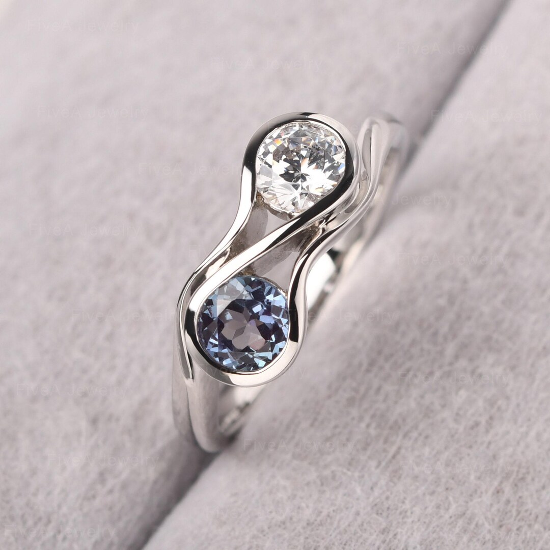 Round Shaped Alexandrite and CZ Ring Two Stone Mothers Ring Unique ...