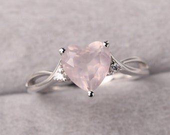Unique Split Band Rose Quartz Ring Sterling Silver Heart Cut 1.8 CT Pink Quartz Engagement Ring