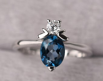 Unique Animals Bee Ring London Blue Topaz Promise Ring Oval Cut Solid Silver November Birthstone