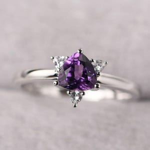 Trillion Cut Amethyst Engagement Ring Sterling Silver Triangle February Birthstone Ring