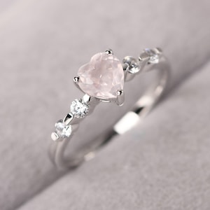 Custom Rose Quartz Proposal Ring Sterling Silver Heart Shaped Pink Quartz Engagement Ring