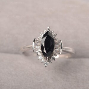 Marquise Black Spinel Ring with Baguette Zircons Vintage Cluster Ring for Women