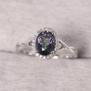 Mystic Topaz Ring for Women Sterling Silver Oval Cut 1.48 CT Rainbow Topaz Halo Statement Ring