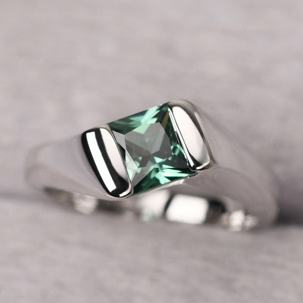 Unique Green Sapphire Engagement Ring for Man Sterling Silver Twist Minimalist Ring