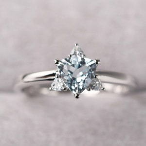 Unique Trillion Cut Aquamarine Wedding Ring Light Blue Stone March Birthstone Ring