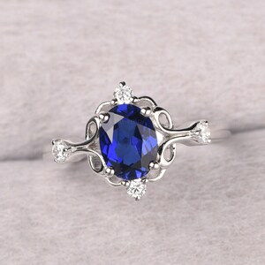 Vintage Style Sapphire Ring Sterling Silver Oval Shaped Filigree Engagement Ring September Birthstone Ring