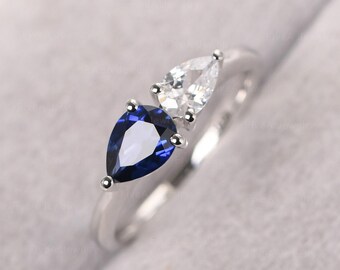 Personalization Sapphire Ring Teardrop 2 Stones Statement Ring Silver September Birthstone Ring