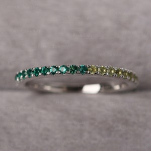 Delicate Stackable Ring Thin Eternity Wedding Ring Sterling Silver Emerald and Peridot Ring