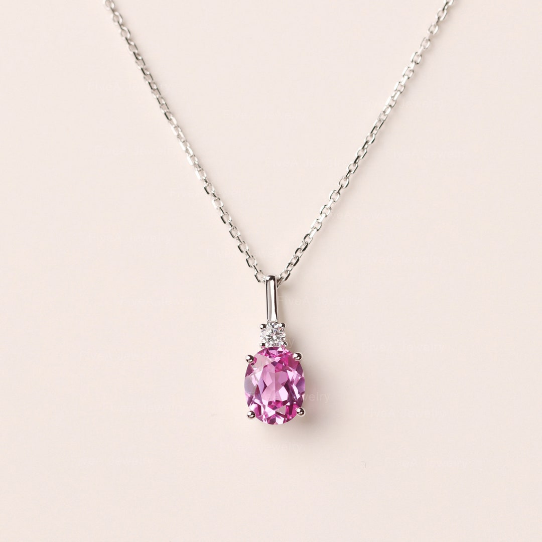 Oval Lab-Created Pink Sapphire and Diamond Accent Pendant in Sterling  Silver