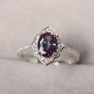 Oval Alexandrite Ring Flower Shaped Color changing Stone Ring Dainty Engagement Ring