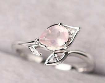 Genuine Rose Quartz Wedding Ring Sterling Silver Water Drop Shaped Pink Quartz Twig Ring