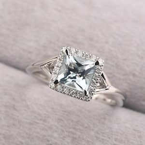 Princess Cut 6 mm Halo Aquamarine Ring Split Shank Wedding Ring March Birthstone Ring